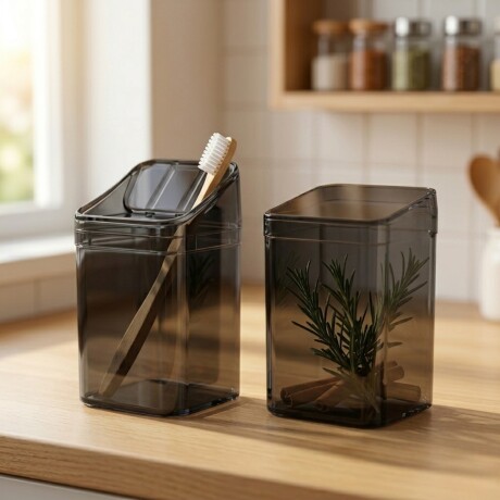 Set de baño, porta cepillo y organizador de mesada NEGRO TRASLÚCIDO