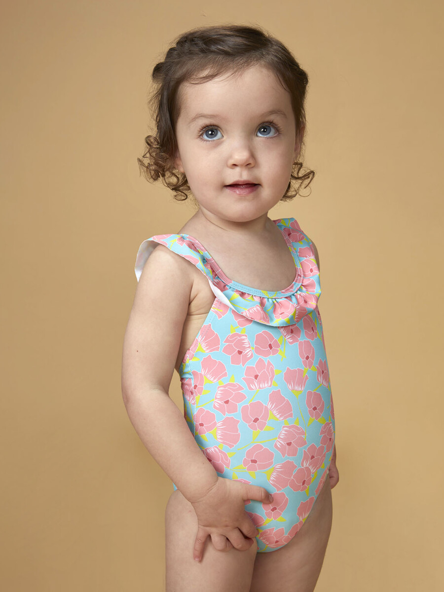 Bañador Estampado Flores Turquesa Brillante