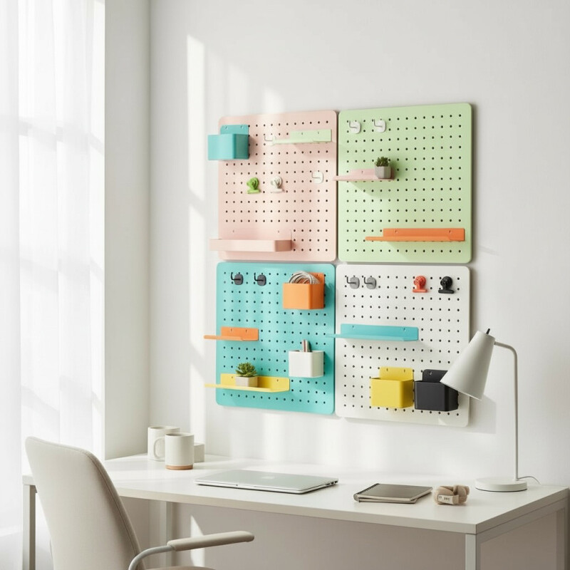 Panel perforado pegboard metálico organizador de pared 40x40 cm – Multiuso para el hogar Blanco