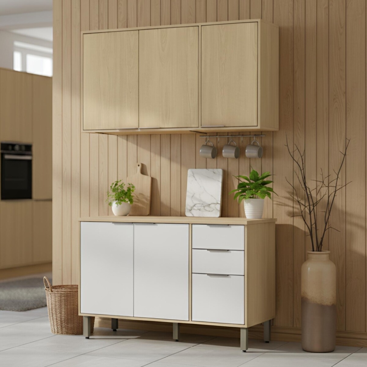 Cocina Modular Gloria Bajo Mesada 3 Puertas 2 Cajones y Aéreo 3 Puertas y Estantes MDP 15mm - Castaño / Off White 