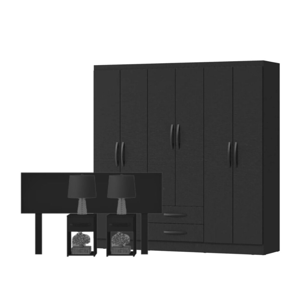 COMBO DORMITORIO - ROPERO PLUS 6 PUERTAS + RESPALDO CON 2 MESAS DE LUZ NEGRO