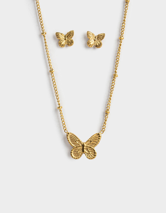 Bijouterie Set Acero quirúrgico Set De Aros Y Cadena Mariposa - Dorado