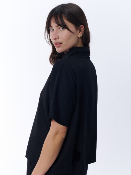 Camisa manga corta con lino Negro