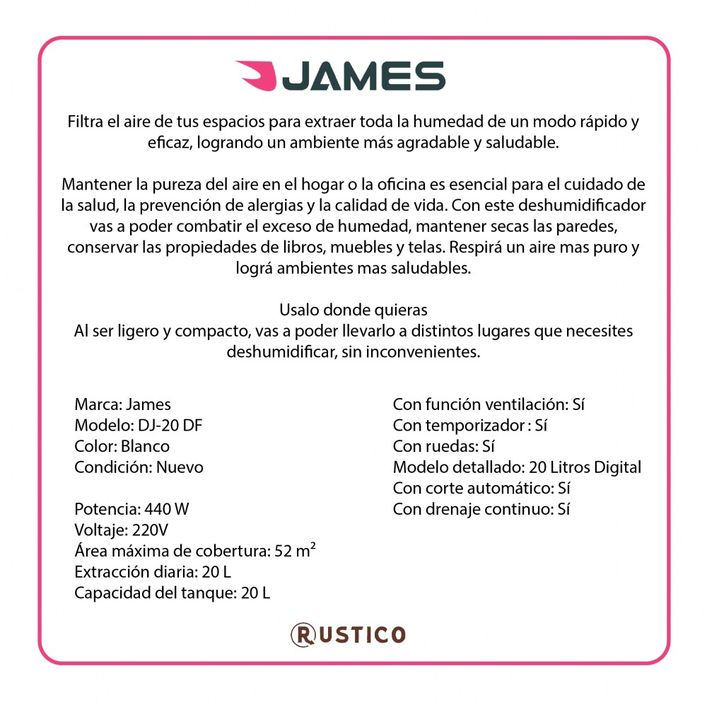 Deshumidificador James 20lts DJ-20 DF Deshumidificador James 20lts DJ-20 DF