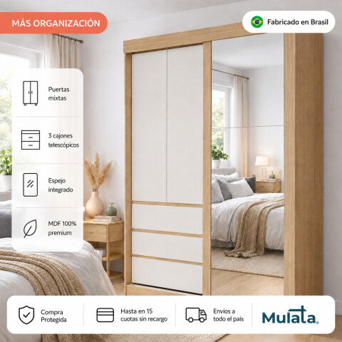 Ropero Armario Bagdá MDF 100% Premium Puertas Mixtas 2 Batientes y 1 Corrediza 3 Cajones y Espejo - Castaño Off White Ropero Armario Bagdá MDF 100% Premium Puertas Mixtas 2 Batientes y 1 Corrediza 3 Cajones y Espejo - Castaño Off White