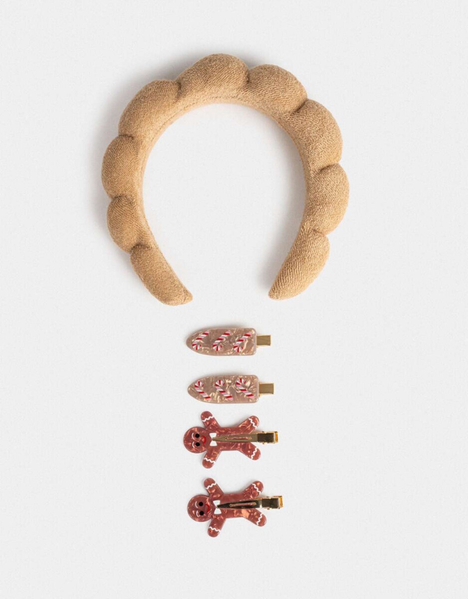 Set De Vincha Y Broches Navidad - Marron Beige 