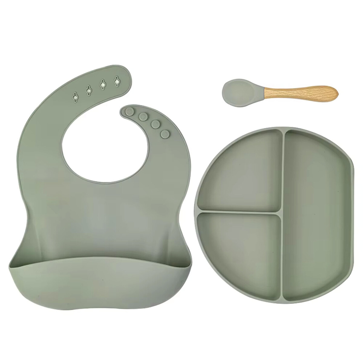 Set de Comida para Bebé con Babero Plato Cuchara en Silicona - Azul Grisáceo 
