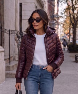 Campera Puffer Satinada Con Capucha Y Puños MARRON