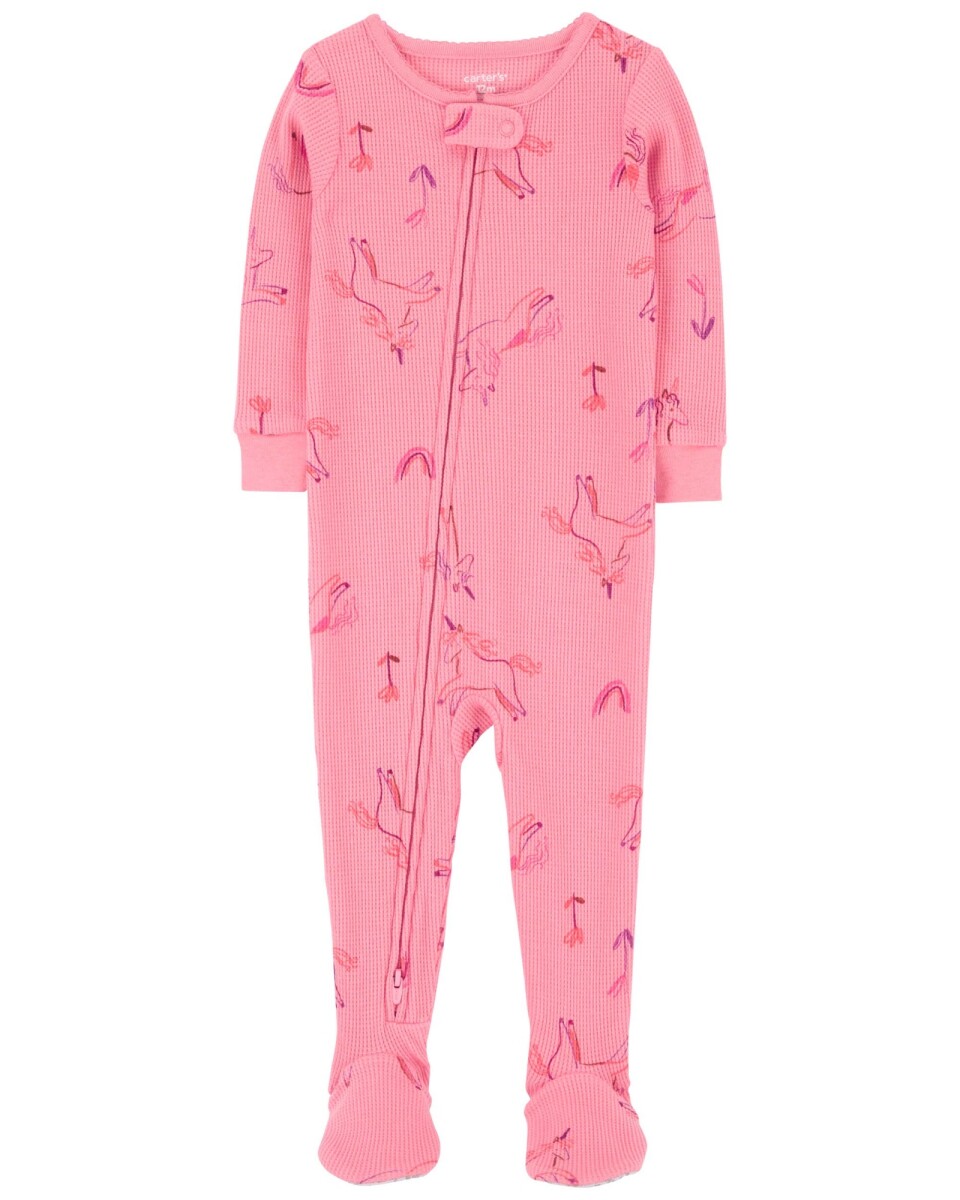 Pijama una pieza de algodón térmico, con pie, rosado, diseño unicornios. Talles 12-24M 