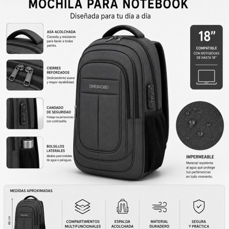 Mochila Sport 18" Para Notebook Candado Integrado Reforzada Gris
