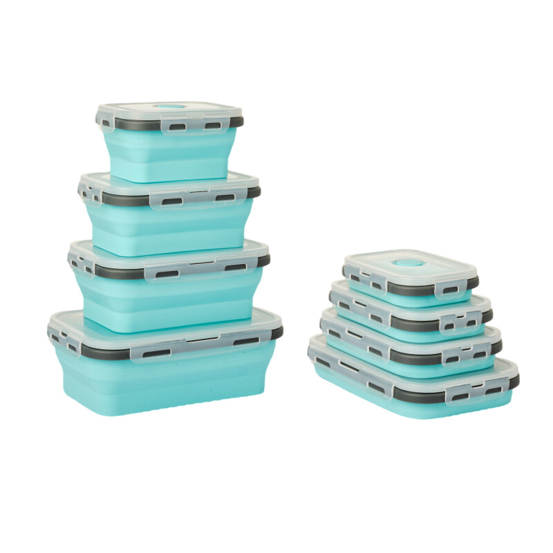 Set X4 Taper Contenedor Silicona Plegables Tapa Plastico Hermetica Celeste