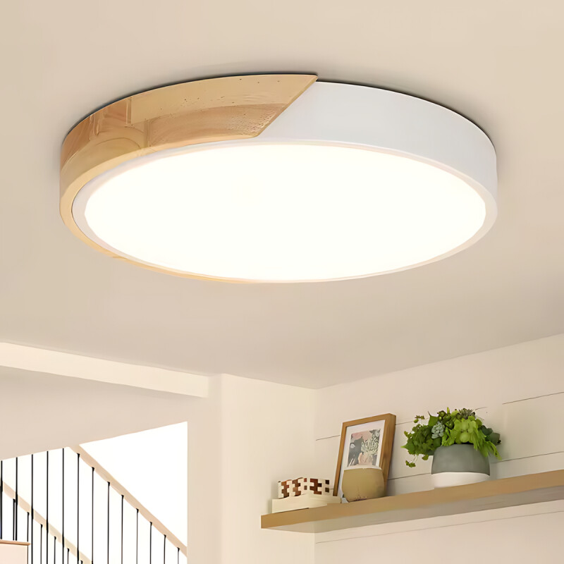 Luminaria Plafon Led Diám 30cm Metal Y Madera Luz cálida Blanco