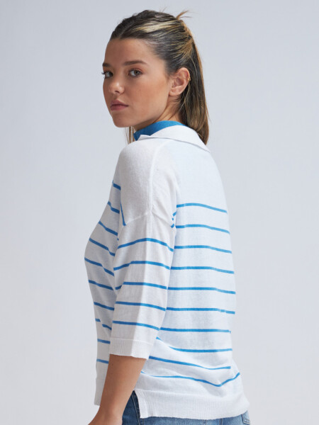 Sweater tejido cuello polo Blanco Con Turquesa