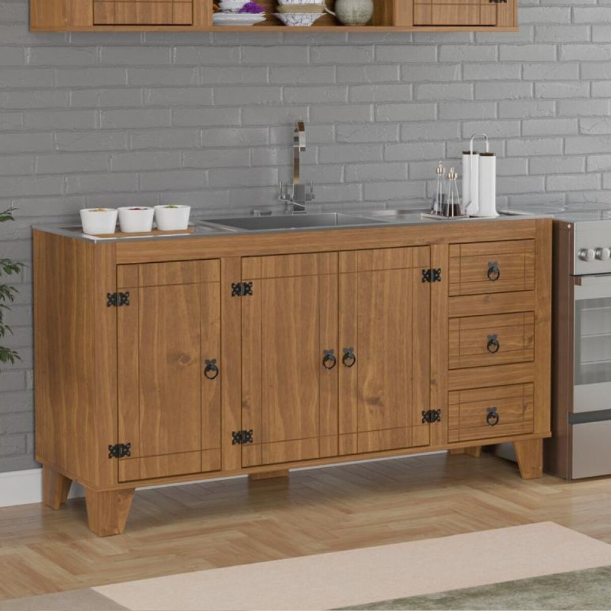 Bajo mesada 3 puertas 3 cajones Linea Naturale - Roble 