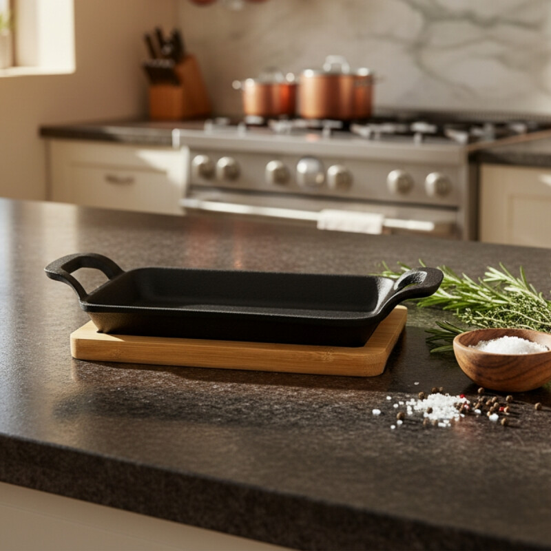 Fuente rectangular 10 x 17 hierro fundido con base bamboo GRIS