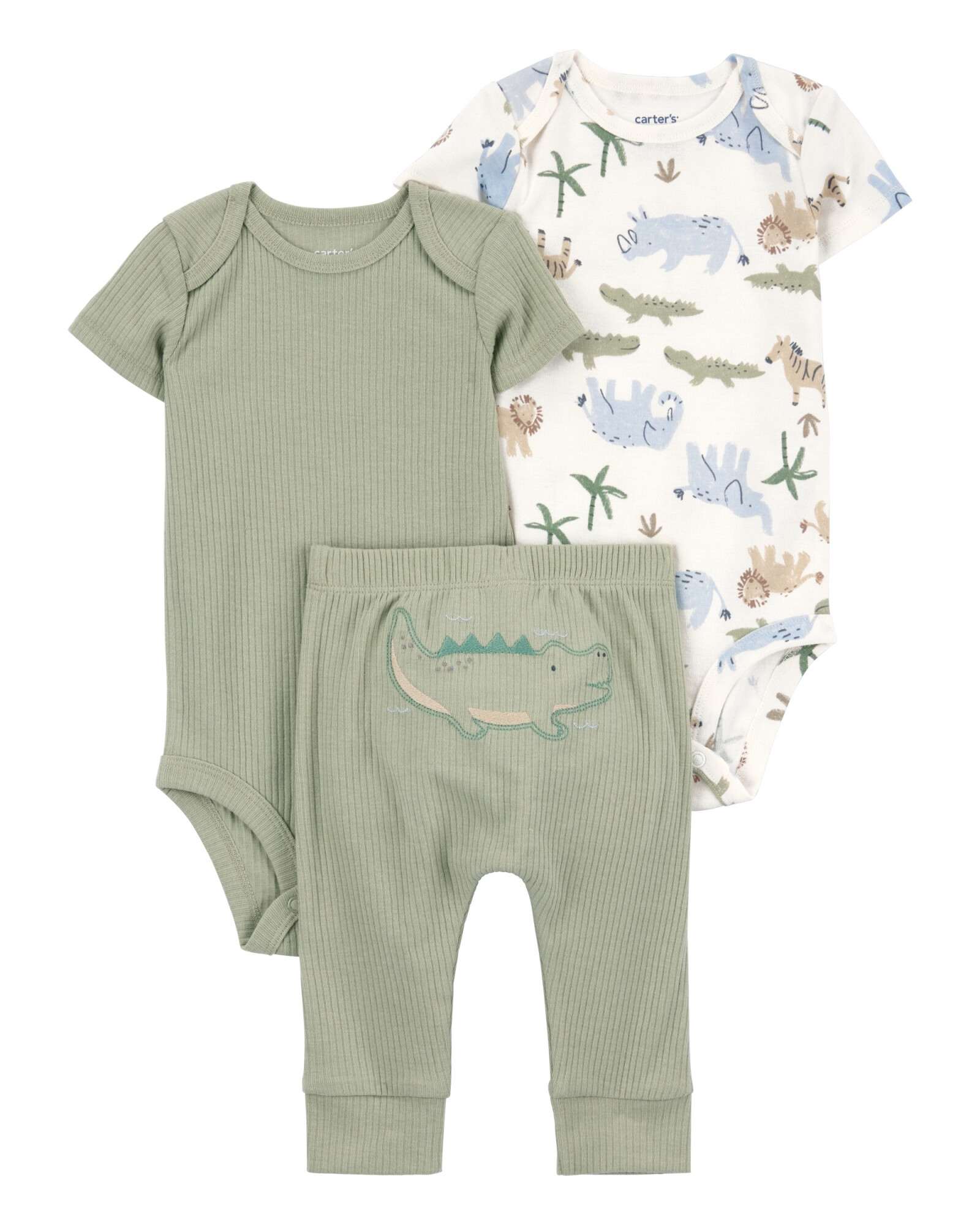 Set tres piezas de algodón, pantalón y dos bodies, diseño caimán Set tres piezas de algodón, pantalón y dos bodies, diseño caimán