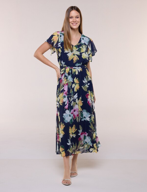 Vestido De Gasa Plisado AZUL/MULTI