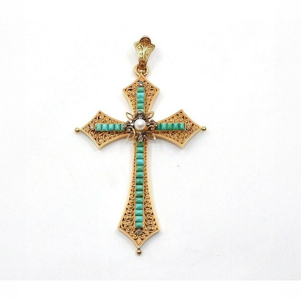 Cruz Antigua Colgante En Oro 18K, Turquesas, Diamantes Y Perla De Cultivo. Circa 1850-1900'S. Sellos Europeos Cruz Antigua Colgante En Oro 18K, Turquesas, Diamantes Y Perla De Cultivo. Circa 1850-1900'S. Sellos Europeos