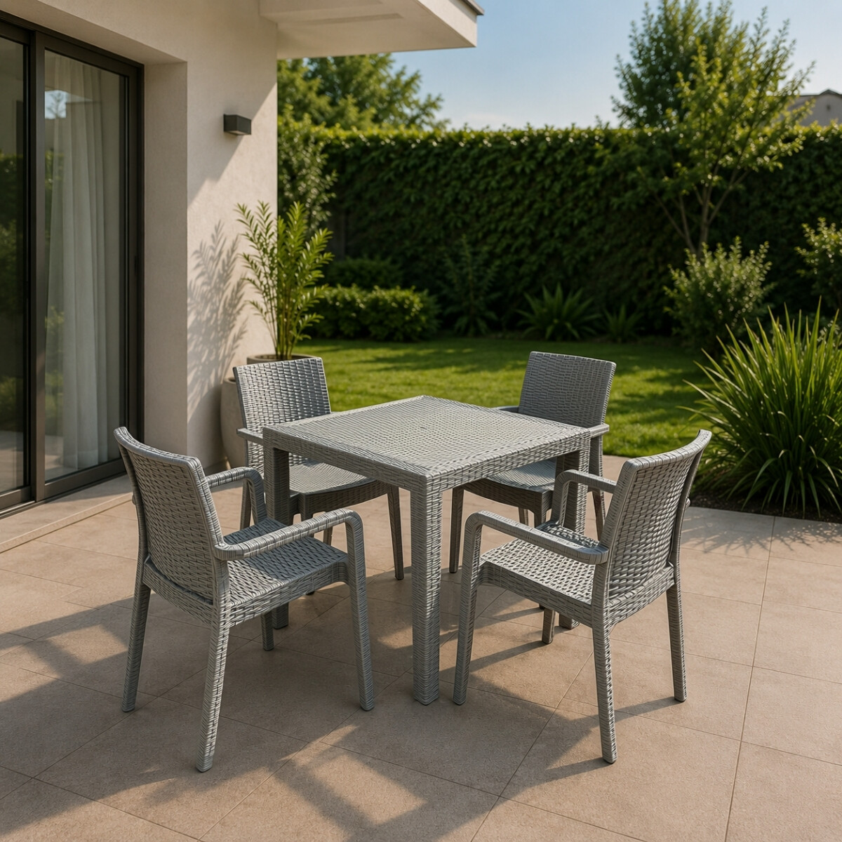 Juego de jardín 4 sillas con apoya brazo + mesa simil ratán 90x90cm - GRIS 