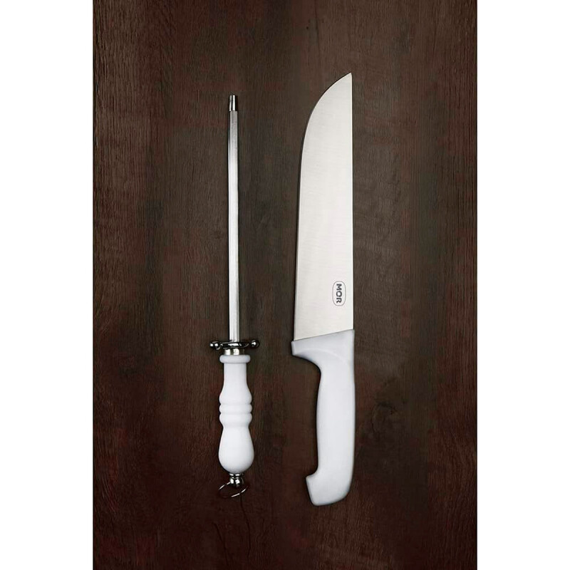 Set asador: Cuchillo y chaira mango blanco BLANCO