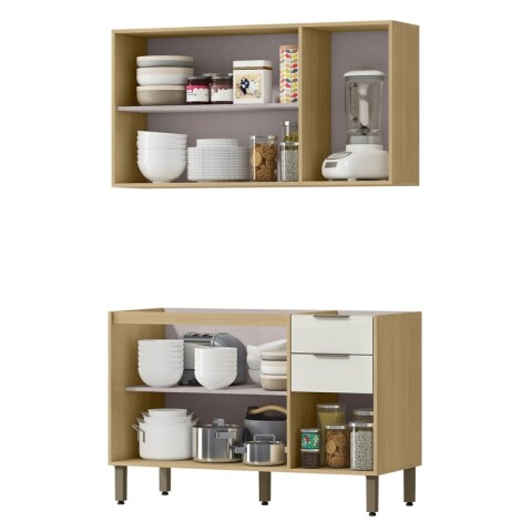 Cocina Modular Gloria Bajo Mesada 3 Puertas 2 Cajones y Aéreo 3 Puertas y Estantes MDP 15mm - Castaño / Off White Cocina Modular Gloria Bajo Mesada 3 Puertas 2 Cajones y Aéreo 3 Puertas y Estantes MDP 15mm - Castaño / Off White