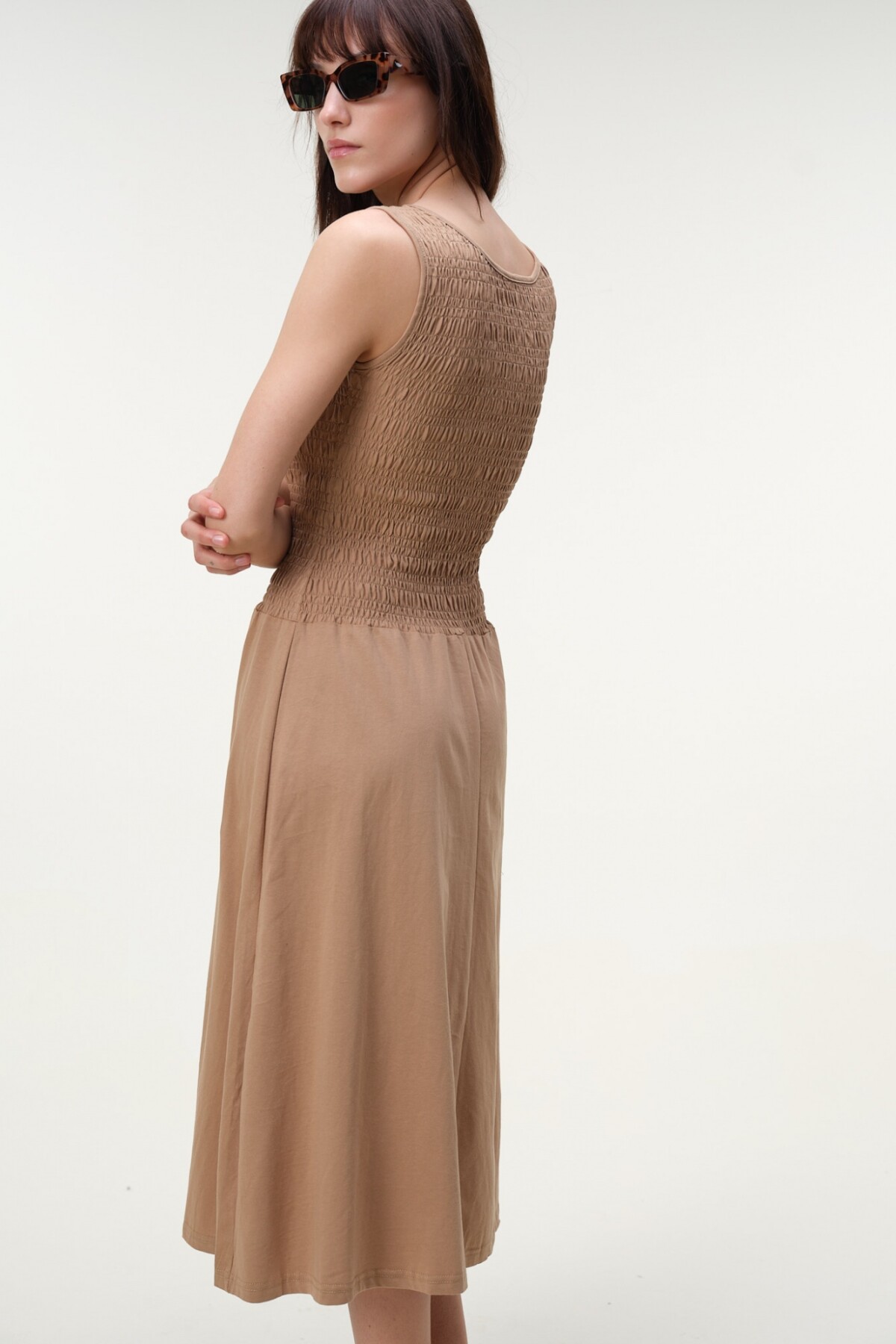 Vestido Frunces Algodón Marron