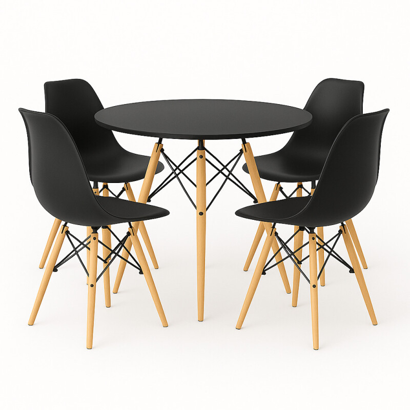 Juego de comedor Con Mesa Circular de 80cm + 4 Sillas Eames Negro/Negro