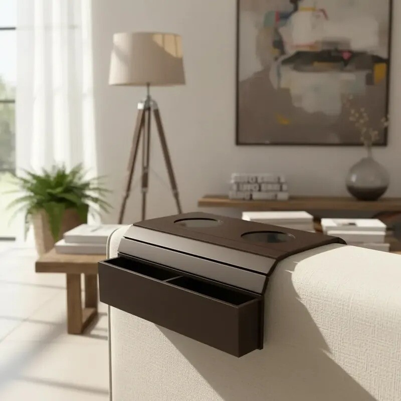 Bandeja para brazo del sofá con posavasos y guardado - Color chocolate Bandeja para brazo del sofá con posavasos y guardado - Color chocolate