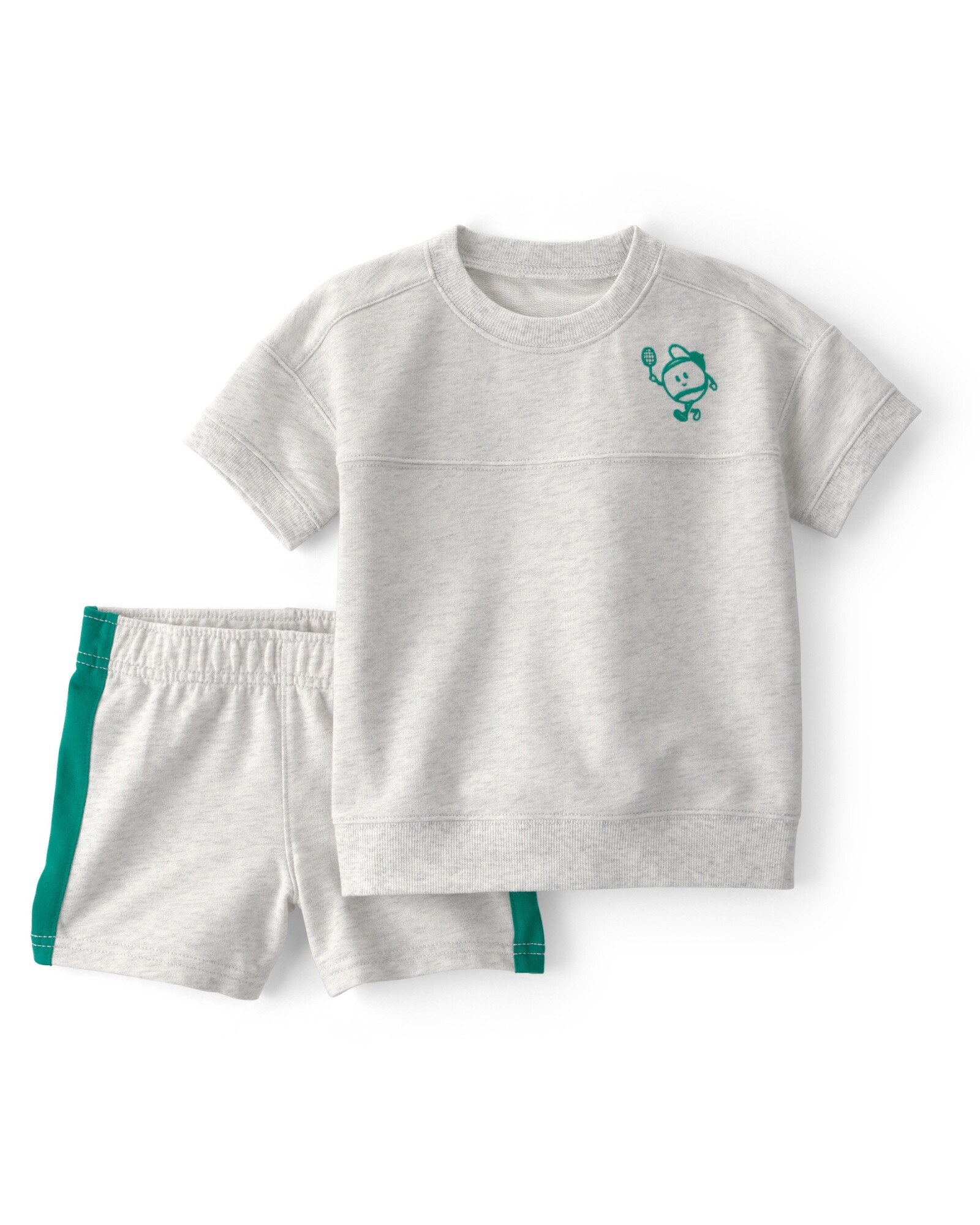 Set dos piezas de algodón, short y remera, gris y verde, estampa ténis Sin color