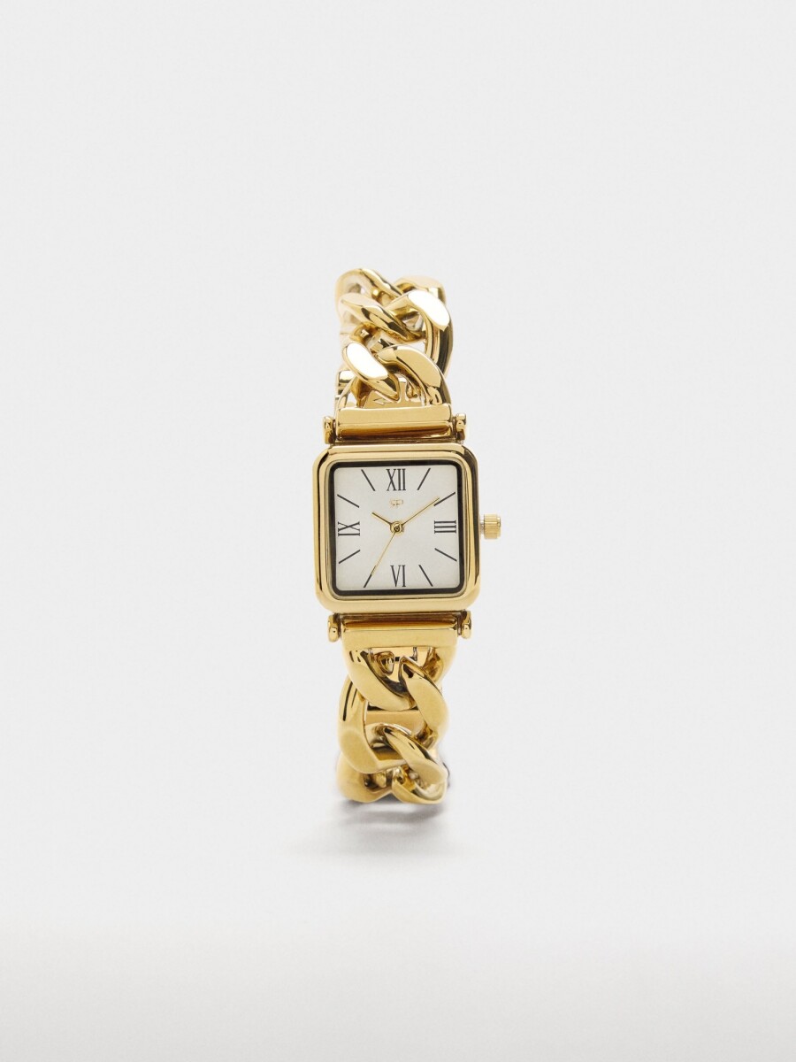 Reloj Mostrador Cuadrado Pulsera De Eslabones dorado