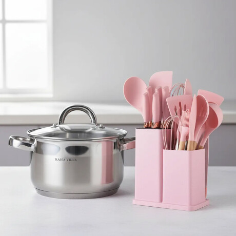 Set Cocina Utensilios 19Pzs + Olla Acero Inoxi 22cm 4,8L Rosa