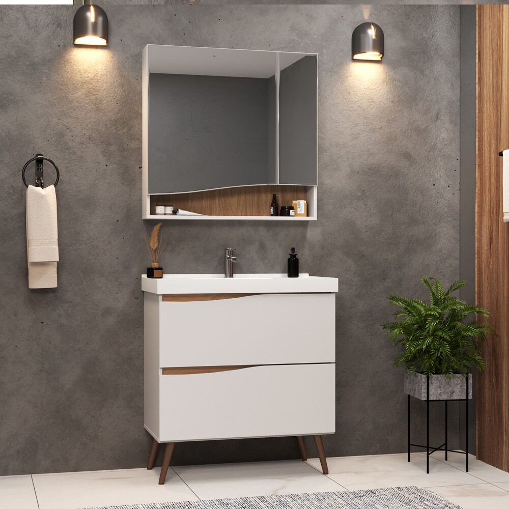 CONJUNTO DE BAÑO MODELO LILLE 80 CM COLOR BCO/TAU CON PATAS / MUEBLE + BACHA + ESPEJO Conjunto De Baño Modelo Lille 80 Cm Color Bco/tau Con Patas / Mueble + Bacha + Espejo