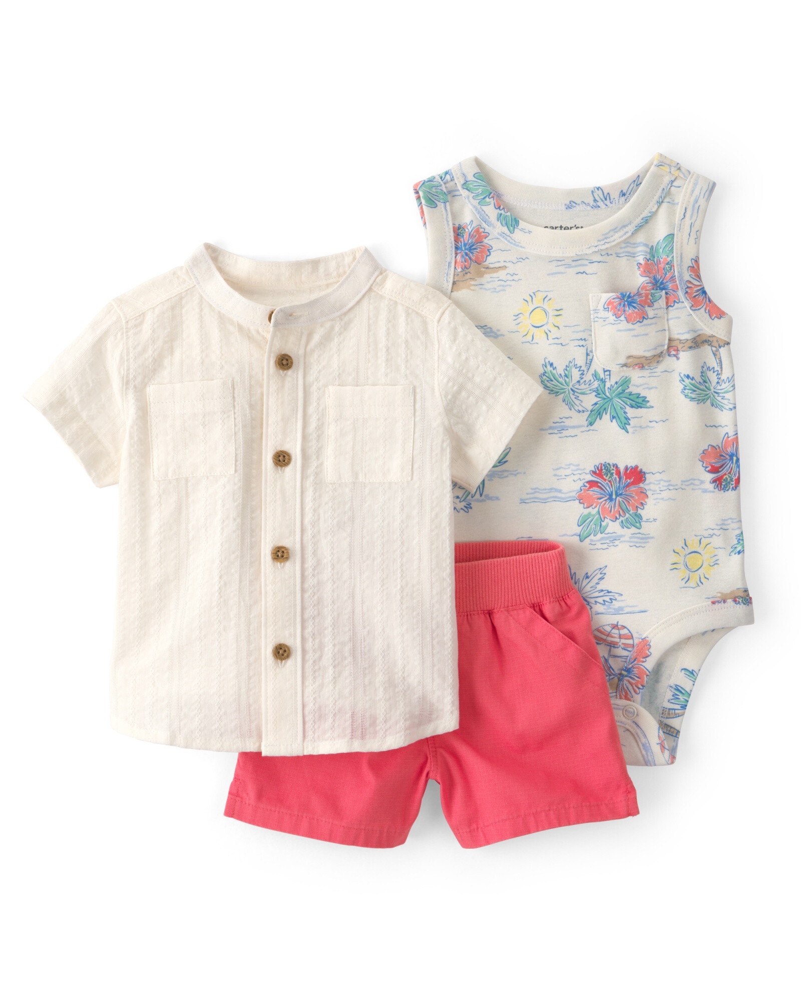 Set tres piezas de algodón, short, camisa mil rayas y body tropical Set tres piezas de algodón, short, camisa mil rayas y body tropical