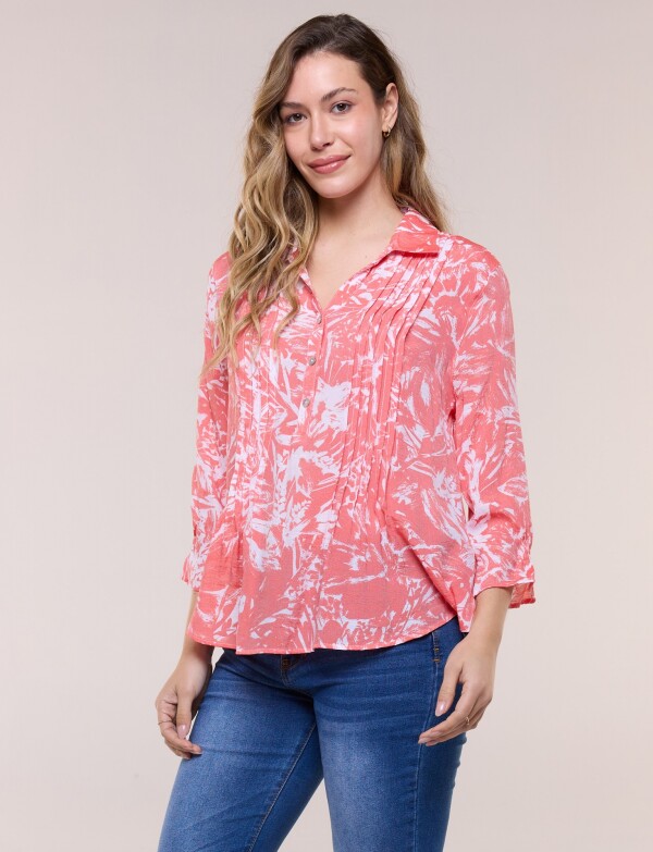 Blusa Estampada Pincelada Con Alforzas CORAL