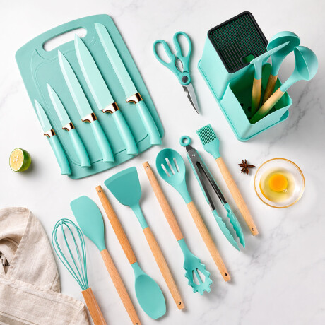 Set Utensilios Cocina 19Pz + Escurridor 3Niv. Drenaje Autom. Turquesa