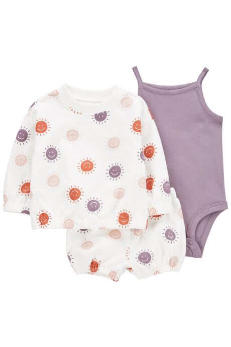 Set tres piezas short, buzo y body de algodón diseño sonrisas Set tres piezas short, buzo y body de algodón diseño sonrisas
