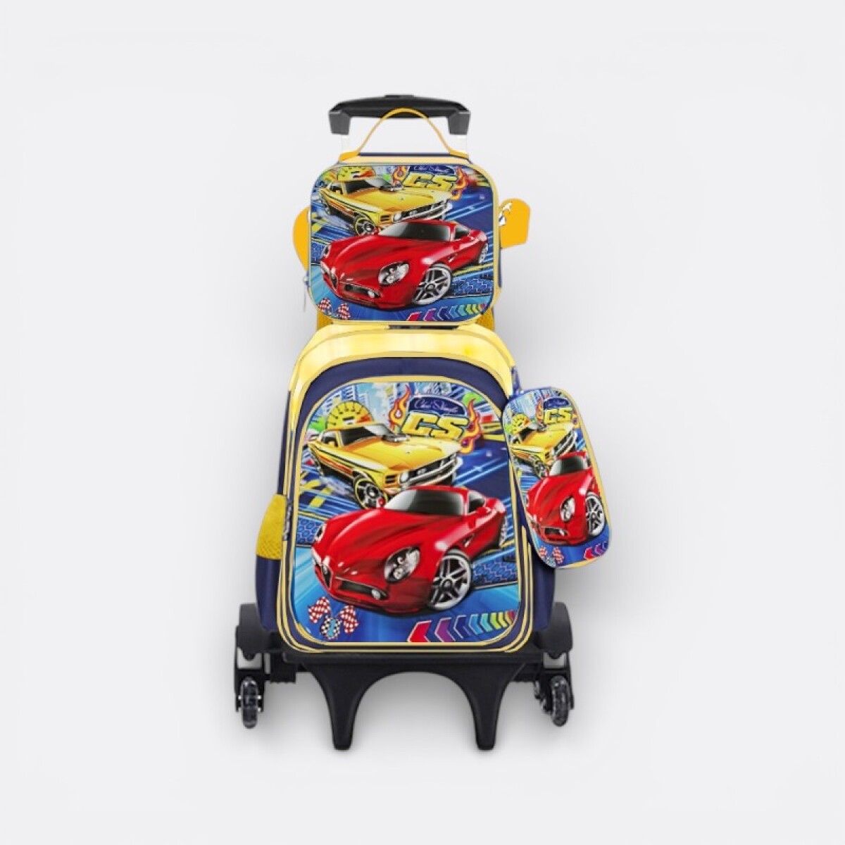 Mochila Escolar Con Carrito + Lonchera + Cartuchera - Autos 