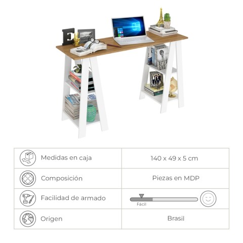 Escritorio minimal con caballete y estantes - Nogal / Blanco Escritorio minimal con caballete y estantes - Nogal / Blanco