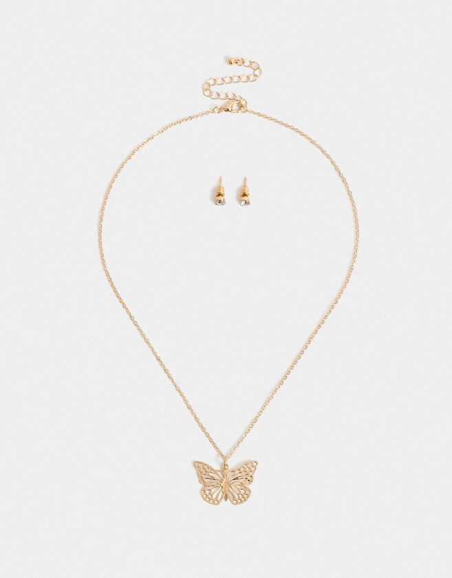 Bijouterie Set Con Mariposas Set De Aros Y Cadena Con Mariposa - Dorado