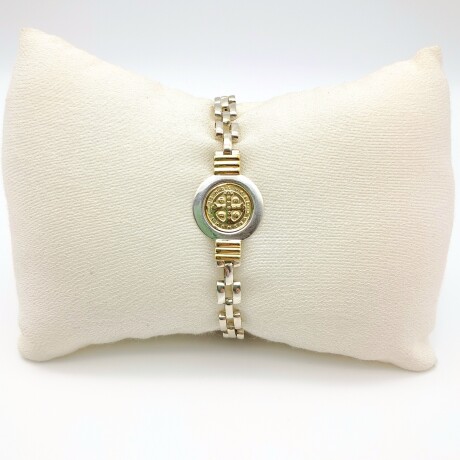 Pulsera religiosa de plata 925 y double en oro 18 ktes, SAN BENITO. Pulsera religiosa de plata 925 y double en oro 18 ktes, SAN BENITO.