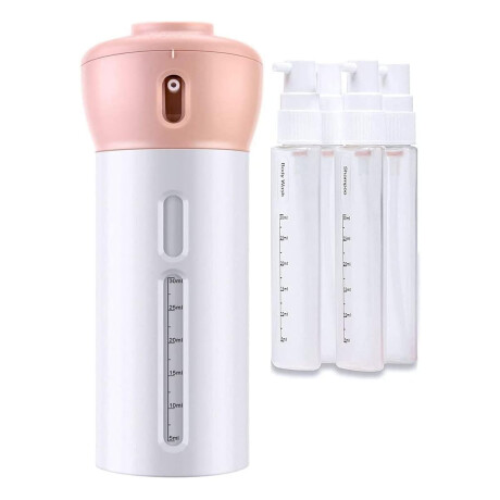 Dispensador con 4 Botellas Portátil Viaje Shampoo Crema Gel Rosa