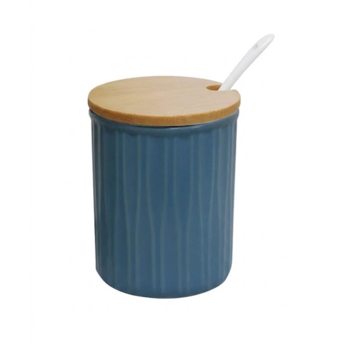 AZUCARERO/QUESERA CERAMICA C/CUCHARA Y TAPA MADERA AZUL 