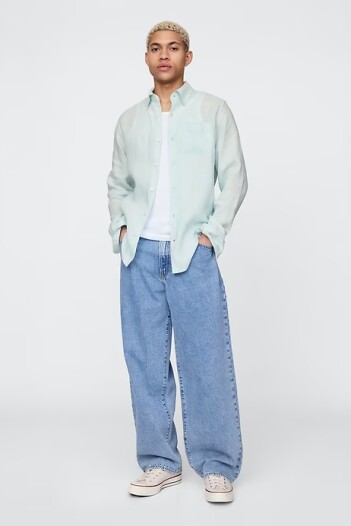 Camisa De Lino Hombre Azul