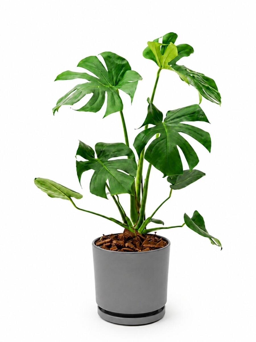 MONSTERA EN MACETA CERAMICA CON PLATO GRIS OSCURO