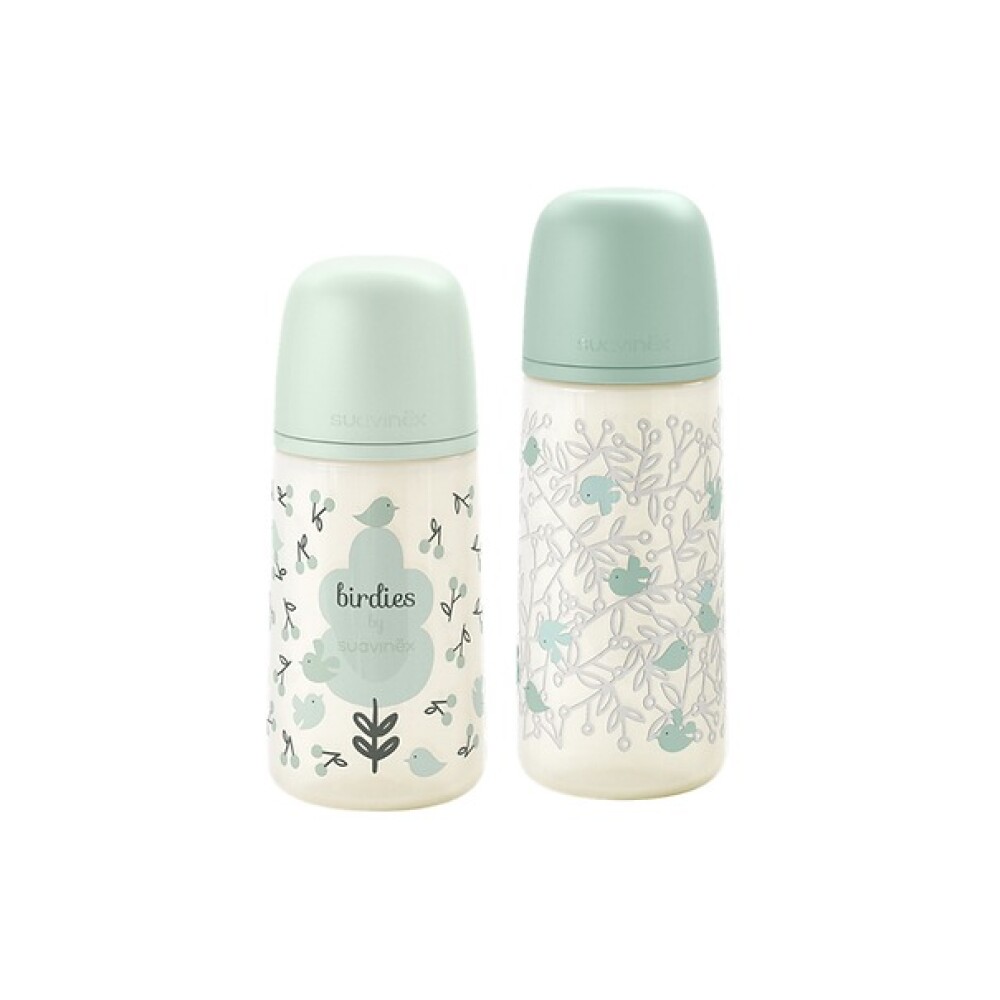 Set x2 biberones Suavinex 270ml + 360ml - Prints birds verde