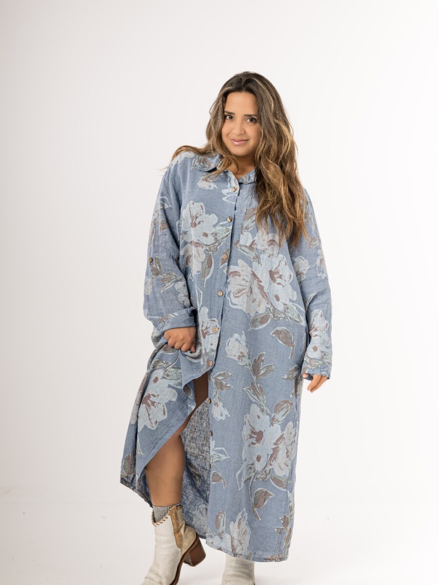 Vestido camisero 100% lino Celeste