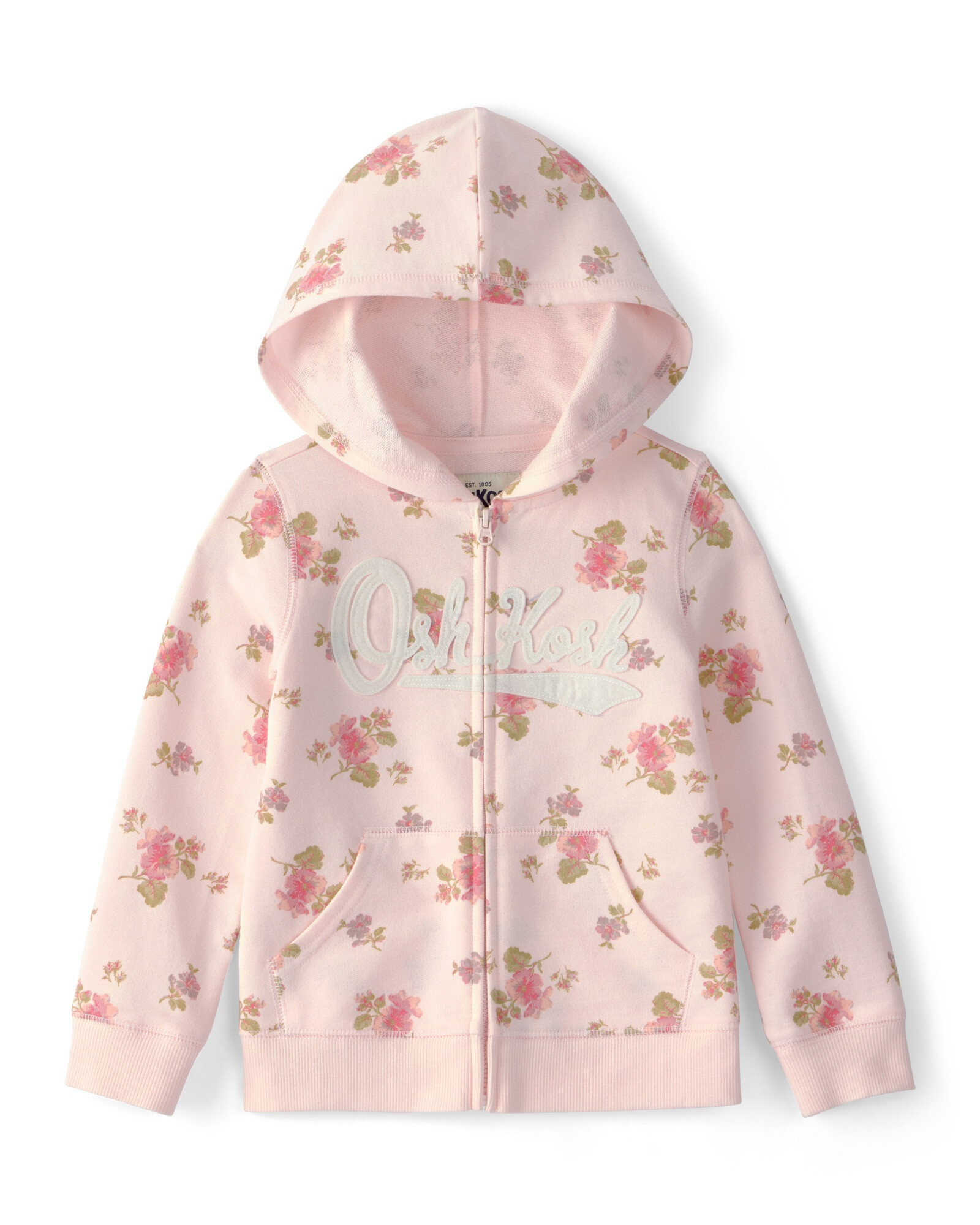 Campera de algodón, rosada, con capucha y logo, diseño floral Campera de algodón, rosada, con capucha y logo, diseño floral