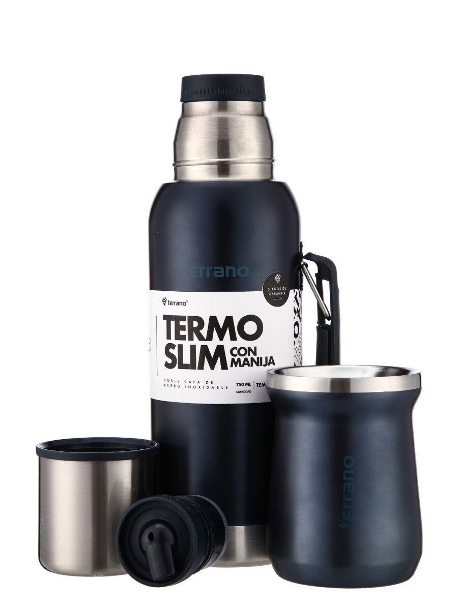 Kit Termo 750mL. Slim con Manija + Mate de Acero Tradicional - Azul Metalizado 