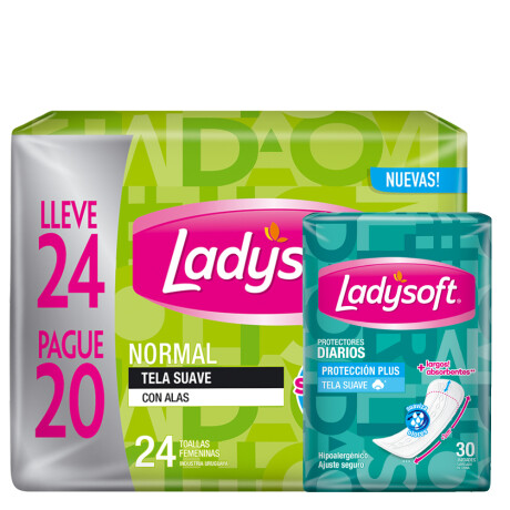 Pack Ladysoft Toalla Normal con Alas + Protector Diario Largo 30 Unidades Pack Ladysoft Toalla Normal con Alas + Protector Diario Largo 30 Unidades