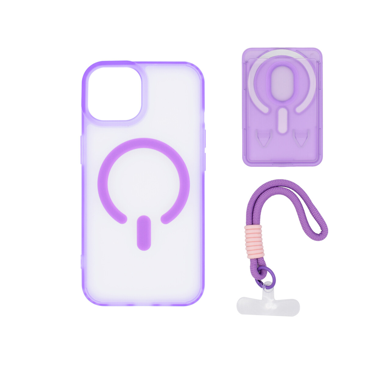 Protector para iPhone 13/14 correa + tarjetero color púrpura 